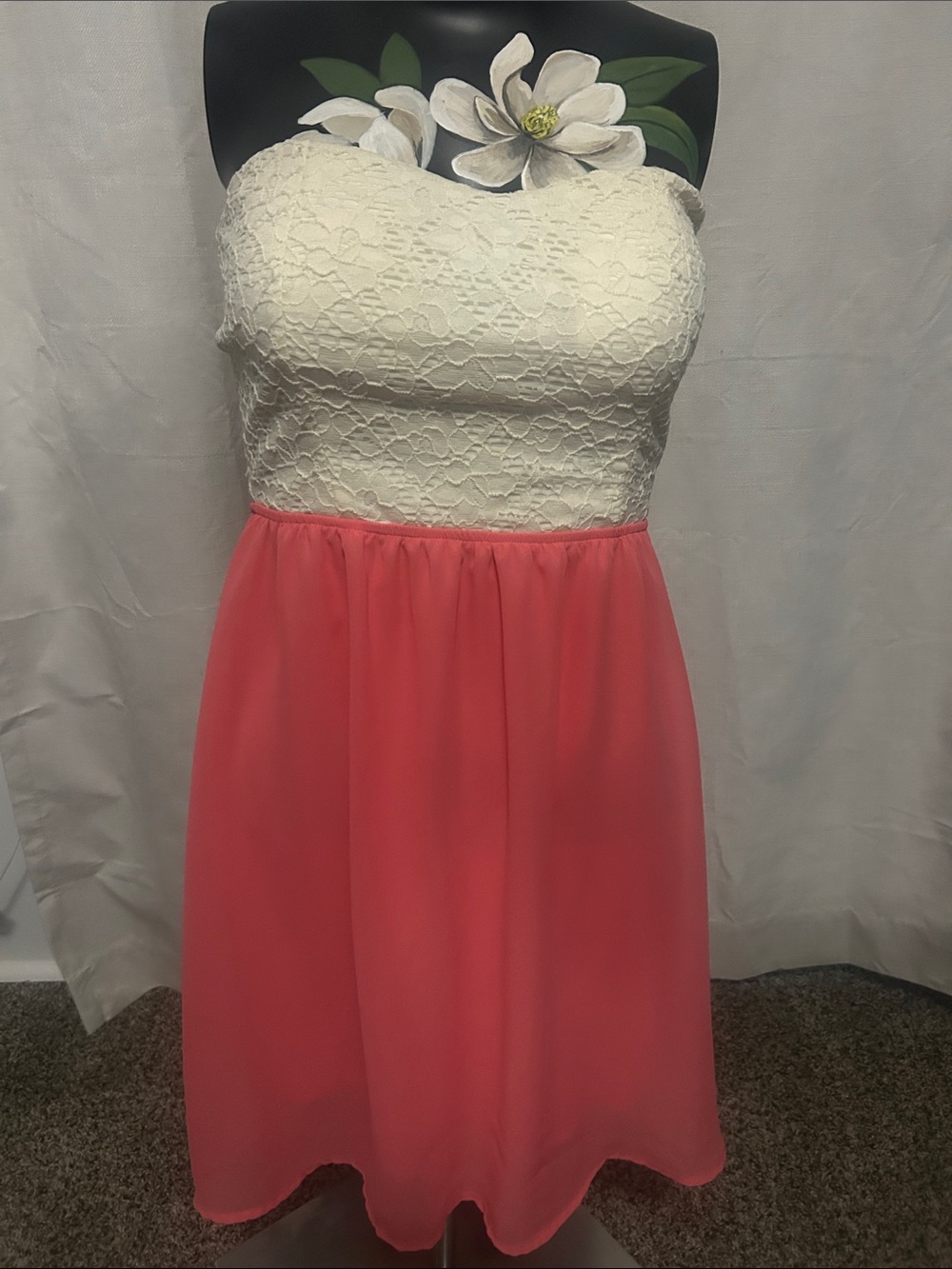 Body Central Strapless Lace Bodice Dress in Ivory and Coral